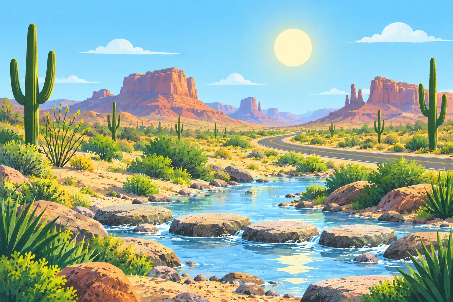 A desert road winds past saguaro cacti toward red mesas under a high sun, with a creek and stepping stones in the foreground