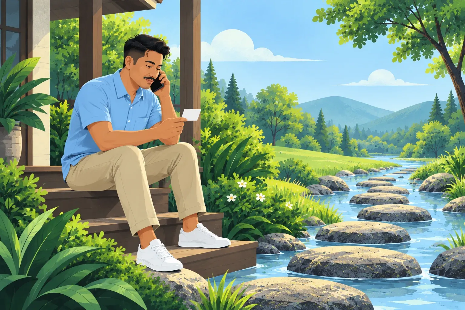 A man in a sky-blue shirt sits on wooden porch steps by a stream, holding a phone to his ear and reading a small blank card
