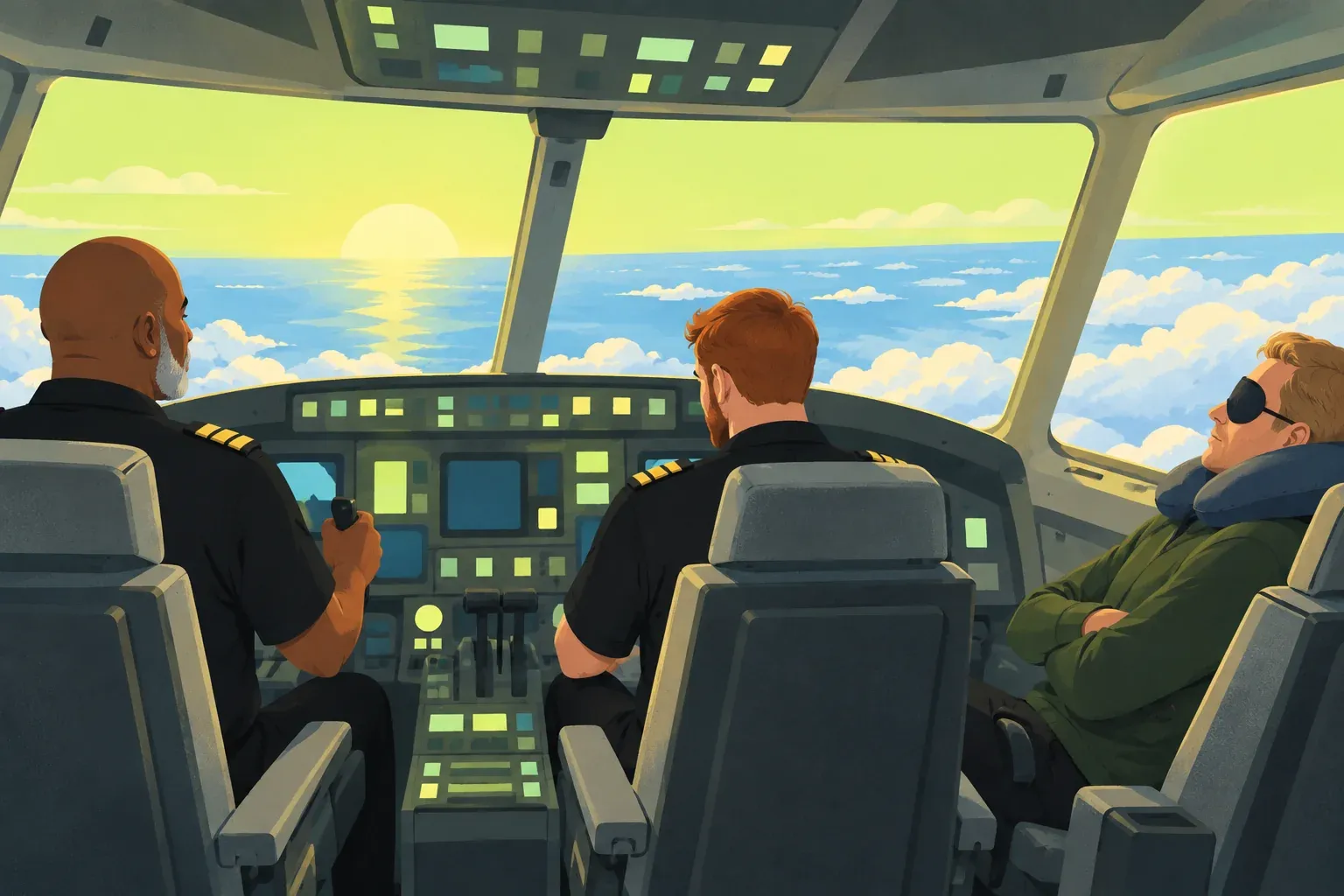 Flat illustration of an airliner flight deck seen from behind: a bald man with a white beard and an ink-black shirt holds the controls in the left seat, a red-haired man in a black shirt watches the instrument panel, and a sandy-haired man in a pine-green jacket sleeps reclined at the right with an eye shade and a neck pillow, while a pale sun rises over blue ocean and clouds