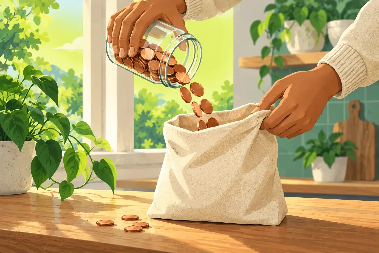 Two hands in a cream sweater tip a glass jar of copper coins into an open canvas bag on a sunlit wooden counter, with a few coins scattered beside it