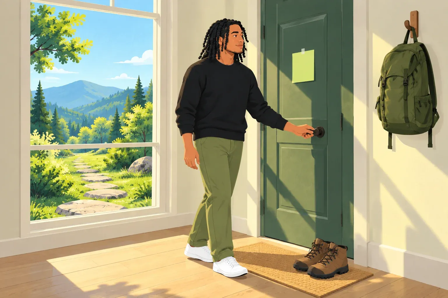 A young man with shoulder-length black twists, a black sweater and olive trousers reaches for the knob of a green front door with a blank chartreuse note taped at eye level. Brown hiking boots sit on a doormat, an olive backpack hangs on a wall hook, and a tall window shows green hills and a stone path.
