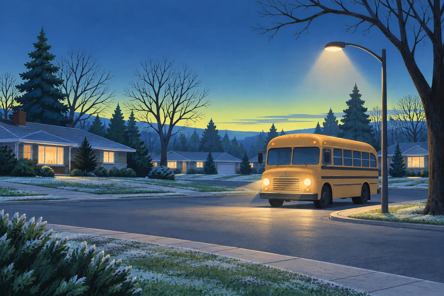A rounded sand-yellow school bus with its headlights on waits under a streetlamp on a frosty suburban street before sunrise