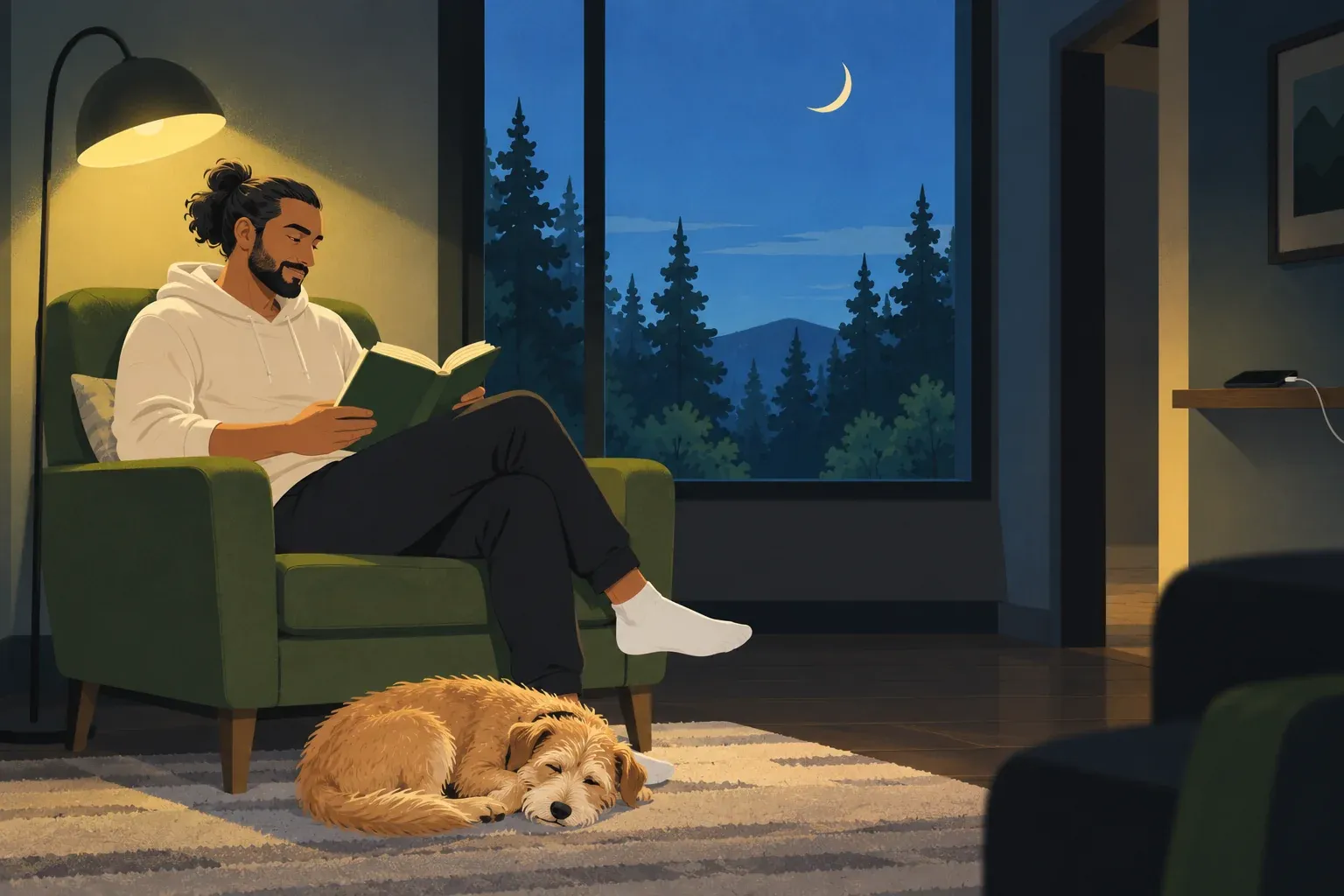 The same man sits in a green armchair reading a book under a single floor lamp in a dim room, his dog asleep on the rug, while a phone charges on a shelf by the far doorway and a crescent moon hangs over pines outside the window.