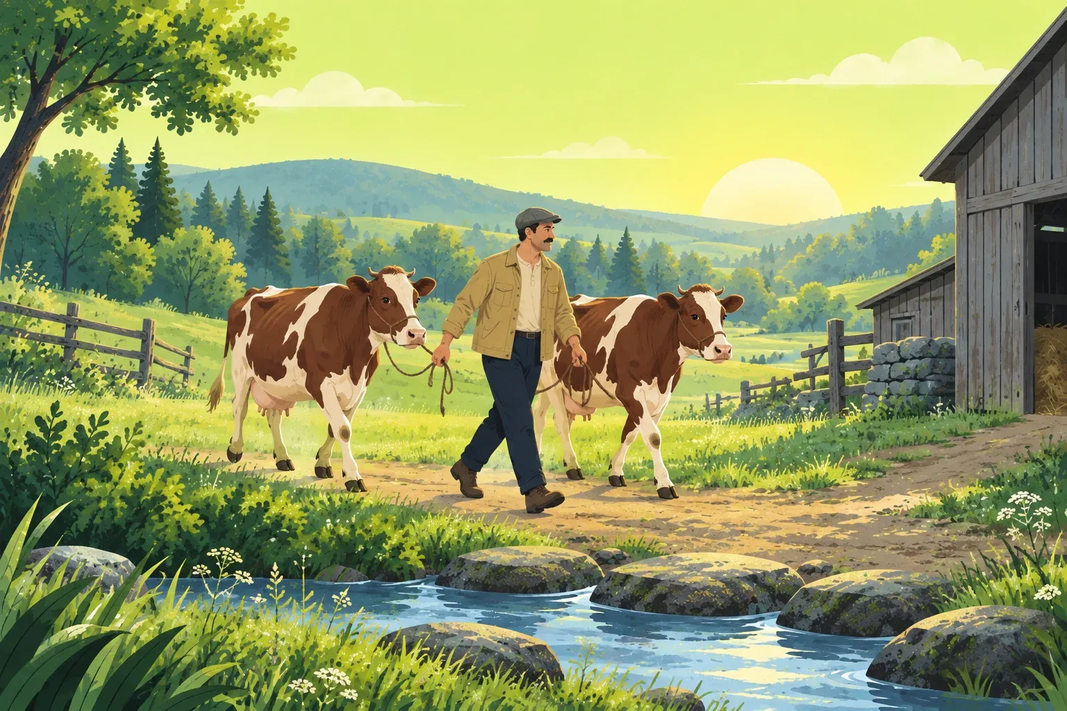 A mustached farmer in a gray flat cap, sand work jacket and dark trousers leads two brown and white cows on rope halters past a stream of stepping stones toward a weathered barn at sunrise