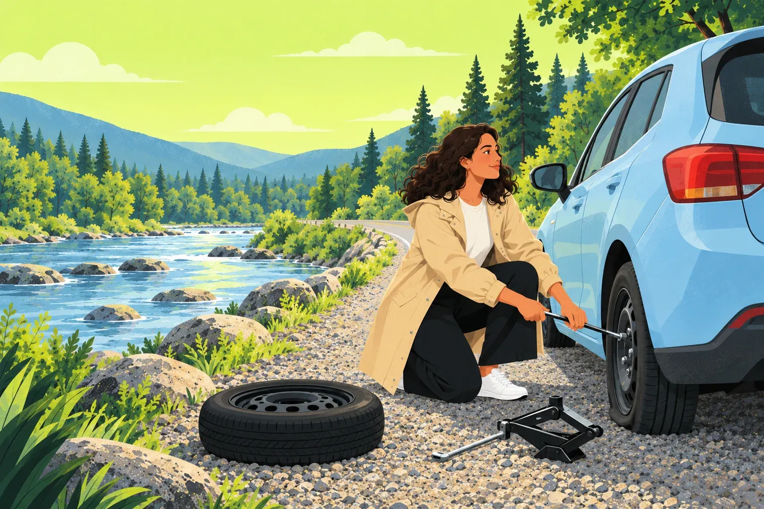 A young woman with curly dark hair, a sand raincoat and black trousers kneels on a gravel road shoulder, loosening the lug nuts on a flat rear tire of a pale blue hatchback, with a spare wheel and a jack on the ground beside her and a river running past.