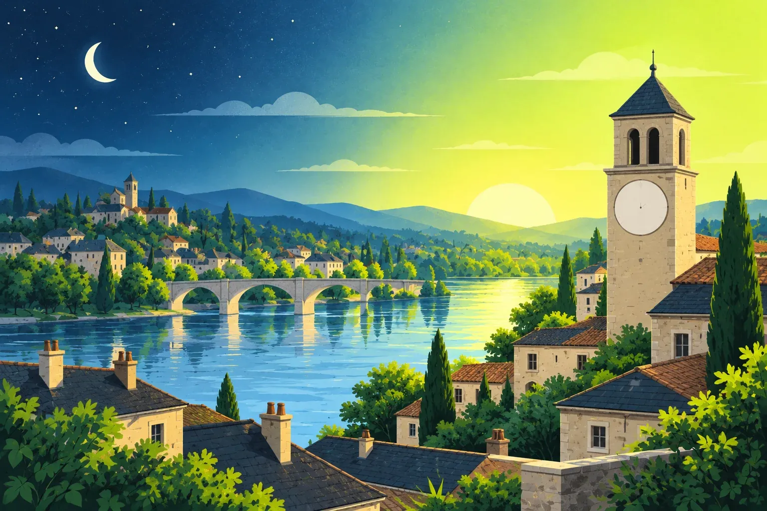 Flat illustration of a riverside town where night meets day. The left half of the sky is deep blue with a crescent moon and stars, and the right half glows chartreuse around a low sun over the hills. A tall stone clock tower with a blank white face rises above slate and terracotta rooftops at the right, dark cypress trees stand among the houses, and a stone arched bridge crosses a wide blue river toward a hillside village with a church tower.