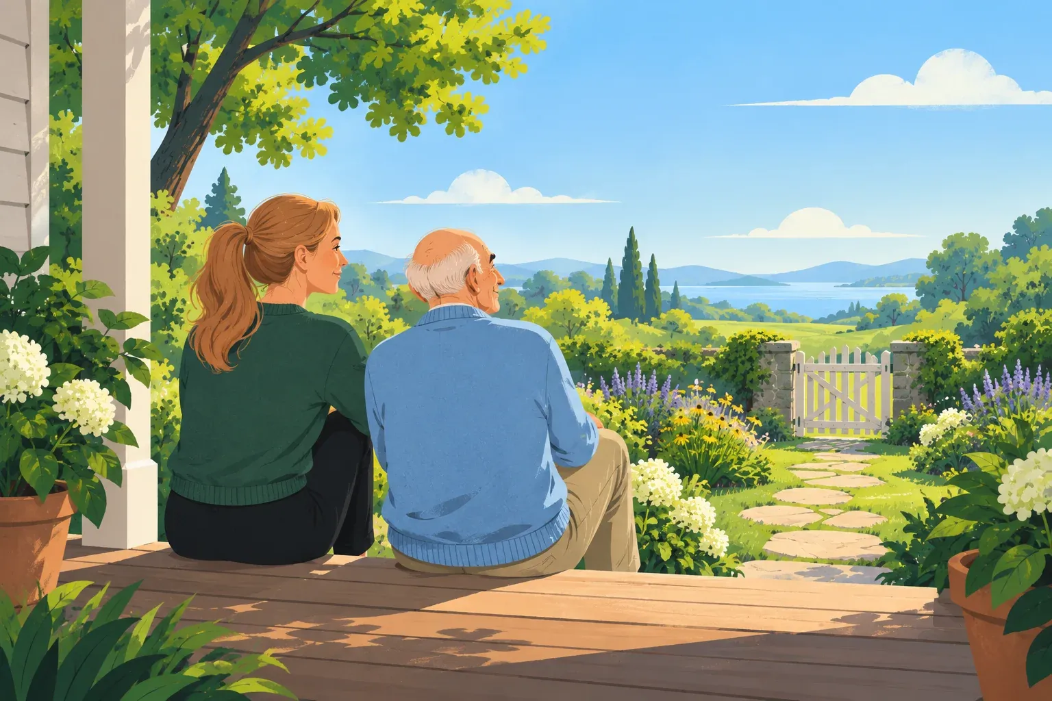 Flat illustration of a woman with a strawberry-blonde ponytail and a dark green sweater sitting on a wooden porch step beside a bald older man with white hair at the sides and a light blue cardigan, both seen from behind, smiling as they look out over a garden. Flat stepping stones lead past lavender, yellow daisies and white hydrangeas to a white picket gate between stone pillars, with green hills, a blue lake and a blue sky with white clouds beyond. A white porch column and potted plants frame the scene.