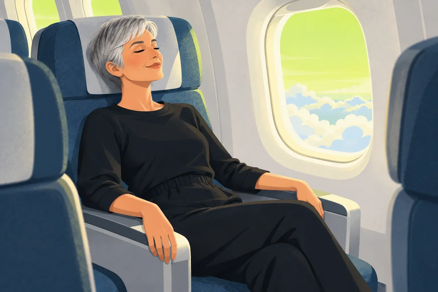 Flat illustration of a woman with a short silver pixie cut, eyes closed and smiling slightly, reclined in a blue airplane seat with her head against a white headrest cover. She wears a black long-sleeved top and black trousers, legs crossed and hands resting on the armrests. Beside her an oval window shows a chartreuse sky above white and pale blue clouds, with rows of blue seats in front of and behind her.