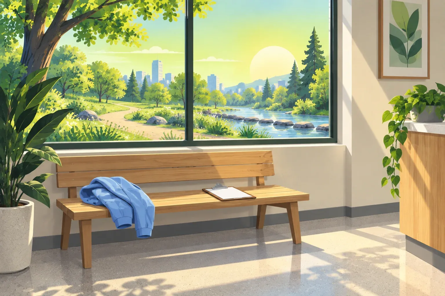 Flat illustration of an empty waiting area with a wooden slatted bench under a large window. A folded sky-blue jacket and a blank clipboard rest on the bench. Through the window a dirt path winds through a sunny park, stepping stones cross a blue river, and pine trees and city towers stand under a pale chartreuse sky with a low sun. A potted plant sits at the left, and a trailing plant and a wooden counter stand at the right below a framed leaf print.