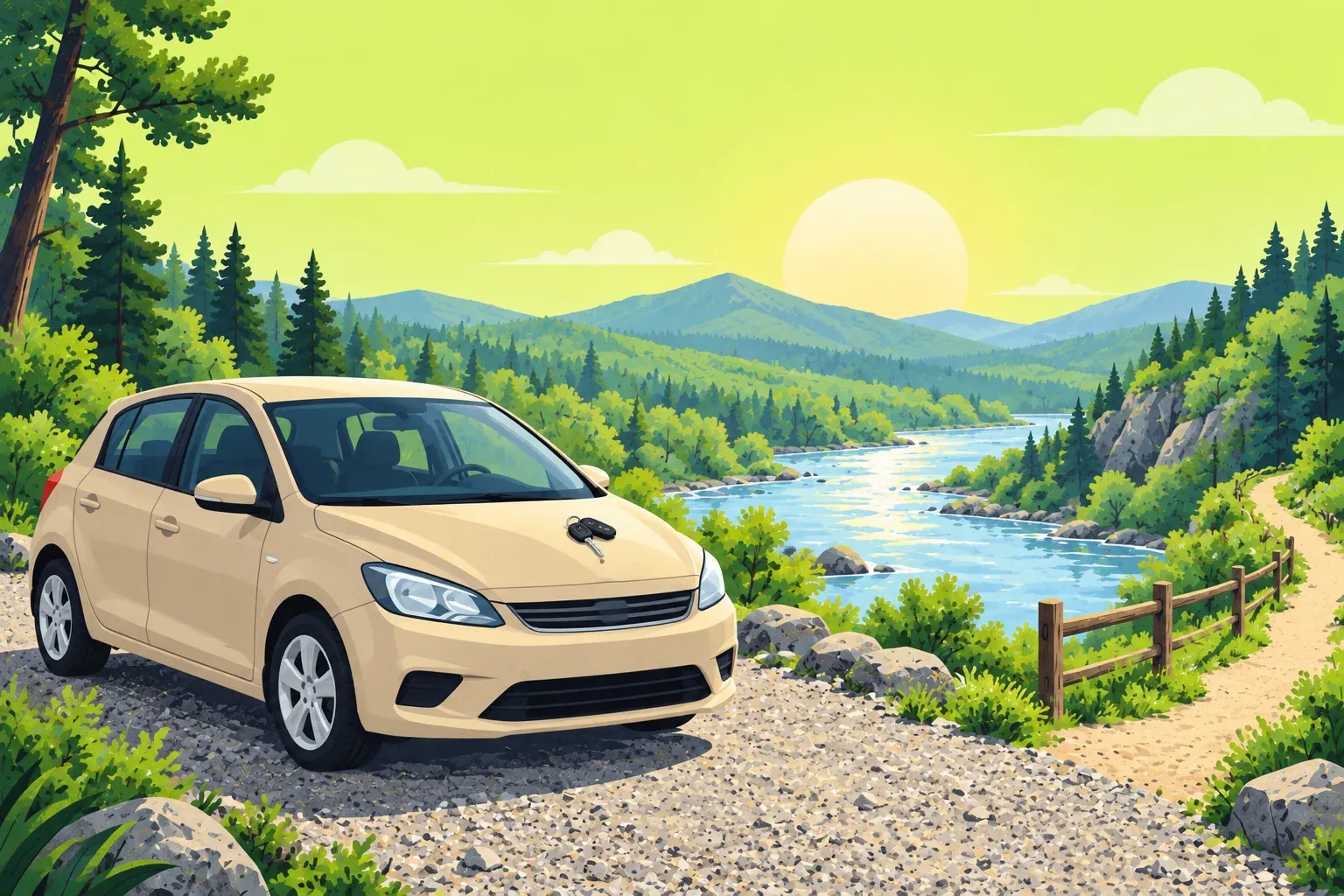 Flat illustration of a small sand-colored hatchback parked alone on a gravel pull-off, with a set of car keys resting on its hood. Beside it a blue river winds between pine forest and a rocky bluff toward green hills and mountains. A dirt footpath runs along a wooden rail fence at the right, and a pale sun and a few white clouds sit in a pale chartreuse sky.