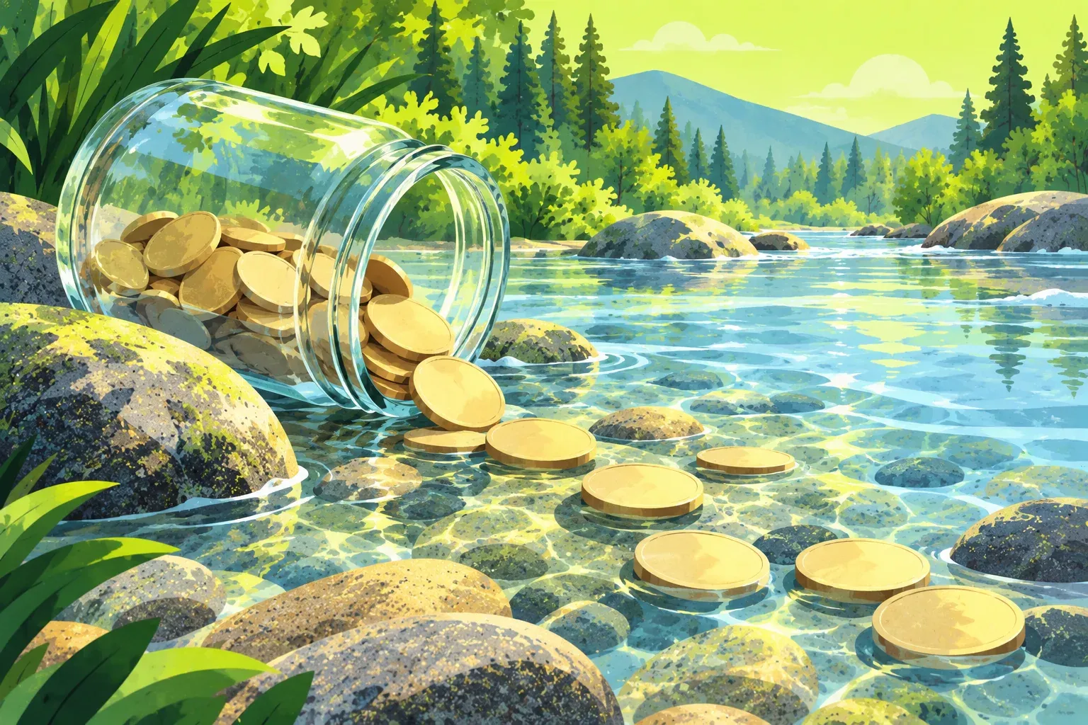 Flat illustration of a clear glass jar lying on its side in a shallow, clear creek, spilling blank gold-toned coins across the pebbly bottom in a loose line like stepping stones. Mossy boulders and broad green leaves frame the foreground, and pine forest, a distant blue mountain and a pale chartreuse sky with a few white clouds fill the background.