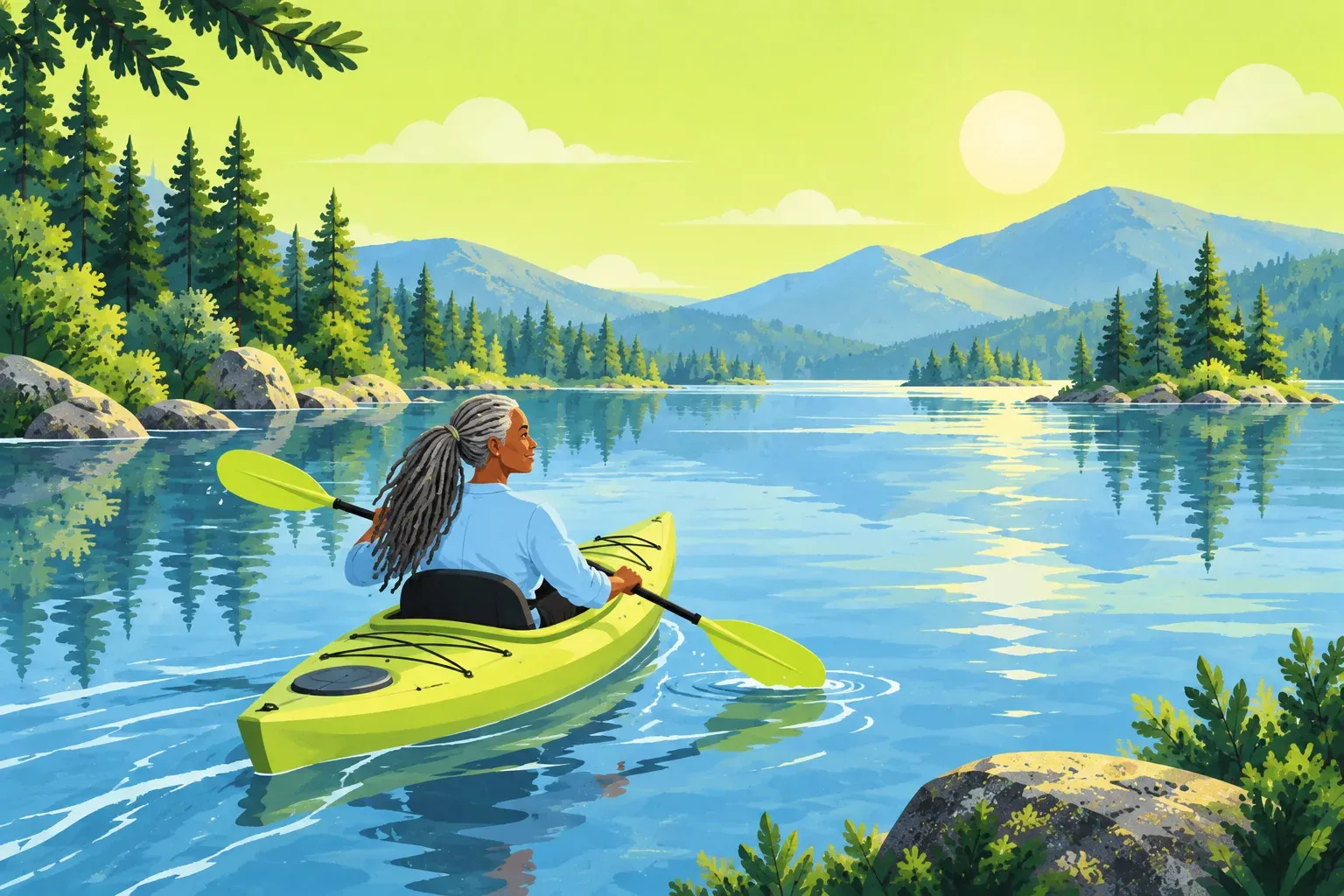 Flat illustration of an older Black woman with long gray locs tied back, in a light blue shirt, paddling a chartreuse kayak across a calm blue lake. Pine-covered shores, gray boulders and small rocky islands reflect in the water, with blue mountains and a pale sun in a chartreuse sky.
