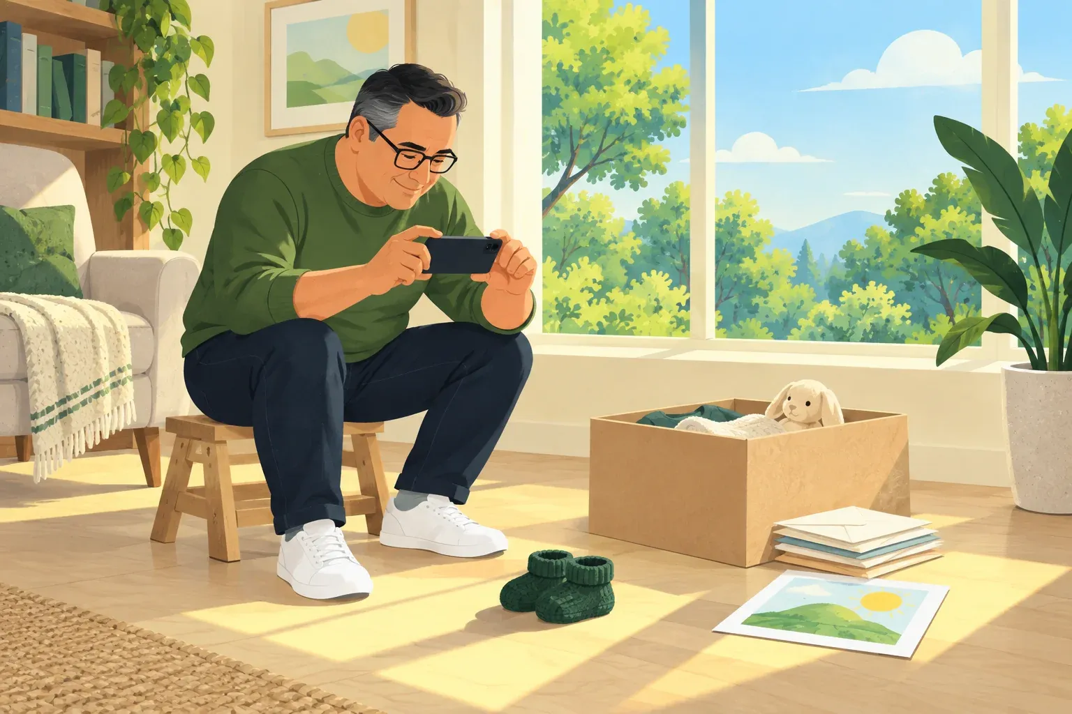 A man in his 40s with graying dark hair, black glasses and a green sweater sits on a wooden step stool in a sunlit living room, photographing a pair of green knitted baby booties with his phone, beside an open cardboard box holding a stuffed rabbit, a stack of envelopes and a child's painting of a green hill and a sun