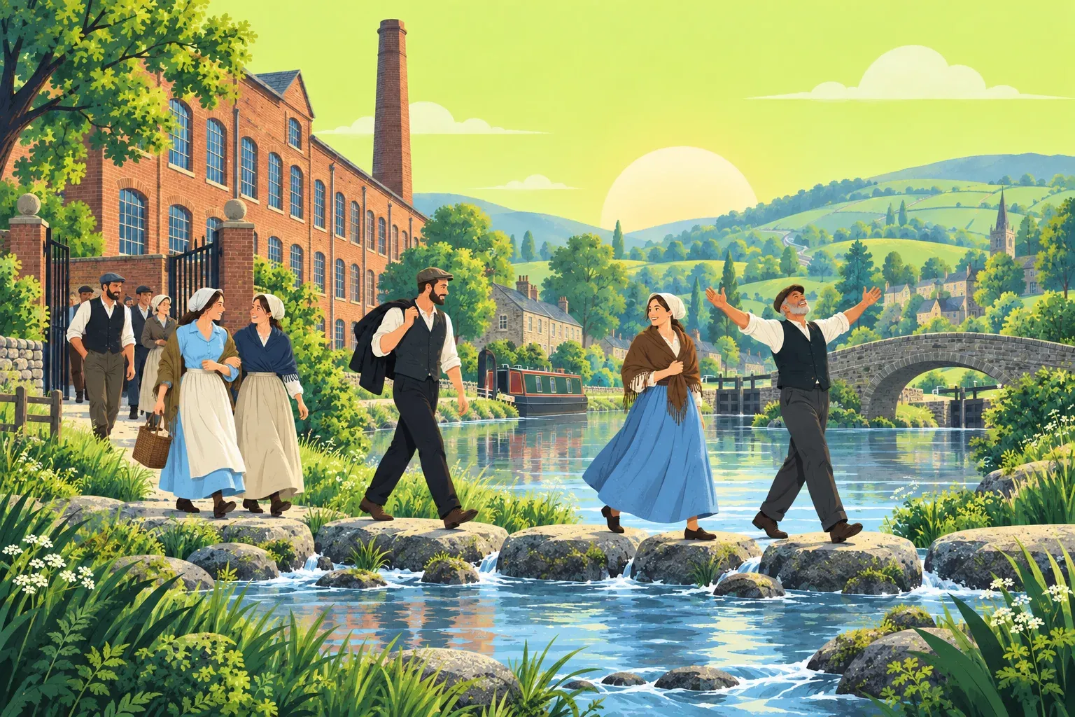 Mill workers in Victorian work clothes cross stepping stones over a stream as they leave a red-brick mill with a tall chimney on a sunny afternoon, with a canal, a stone bridge and green hills behind them