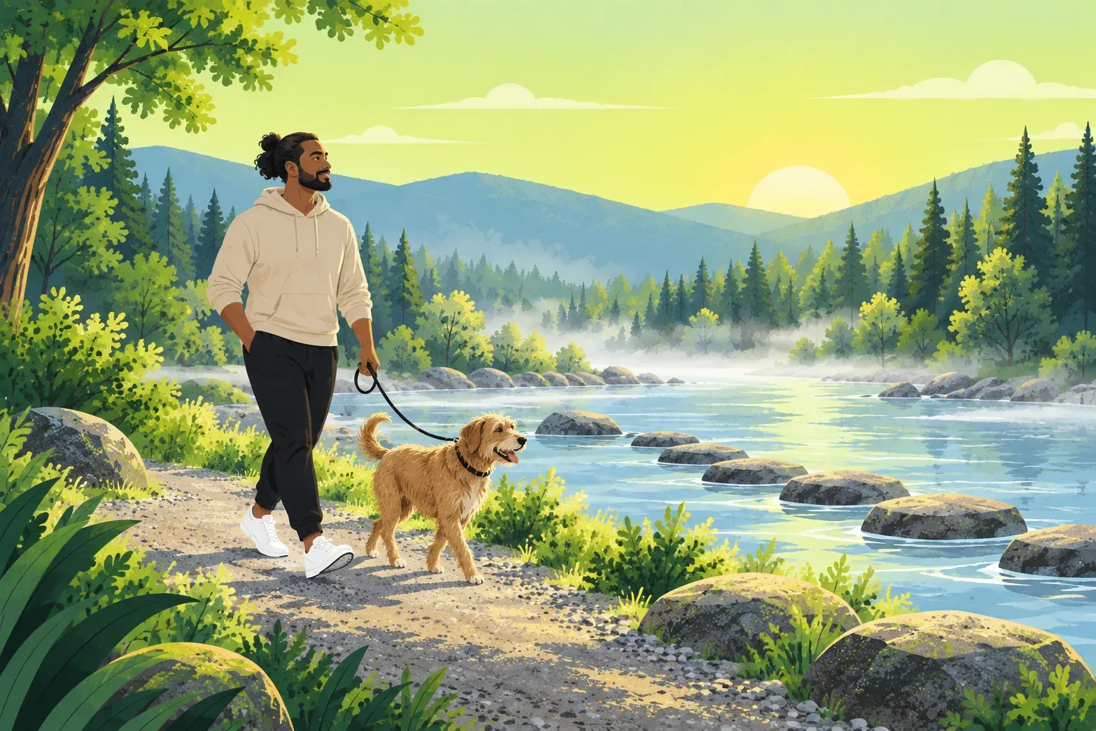 A man with a dark topknot and beard, in a sand-colored hoodie, walks a scruffy tan dog along a gravel riverside path at sunrise, smiling toward the low sun over pine-covered hills.