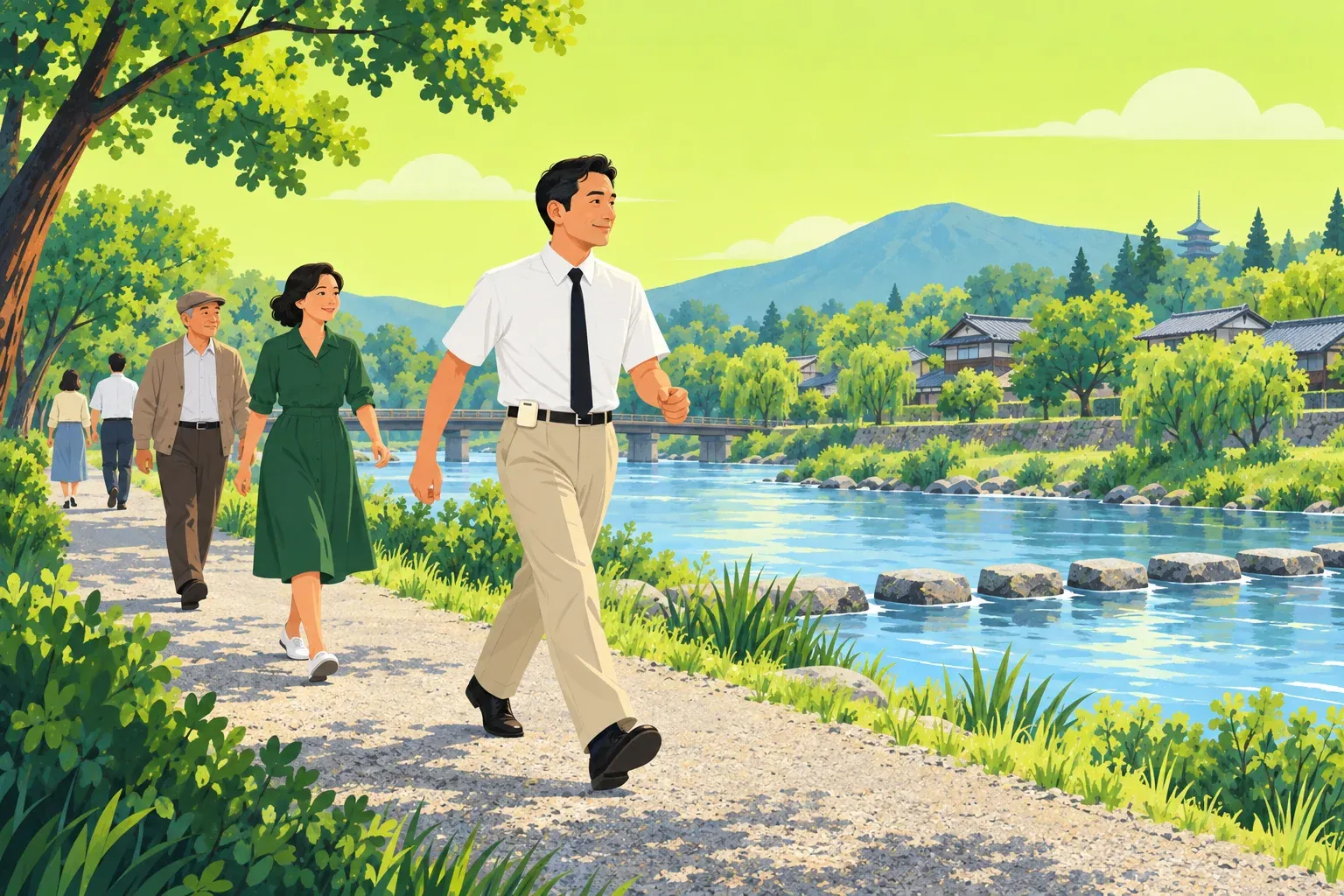 A Japanese man in a white short-sleeved shirt, black tie and sand trousers walks briskly along a gravel riverside path with a small cream box clipped to his belt, followed by a woman in a green dress and an older man in a flat cap, with stepping stones across the river and low tiled houses on the far bank.