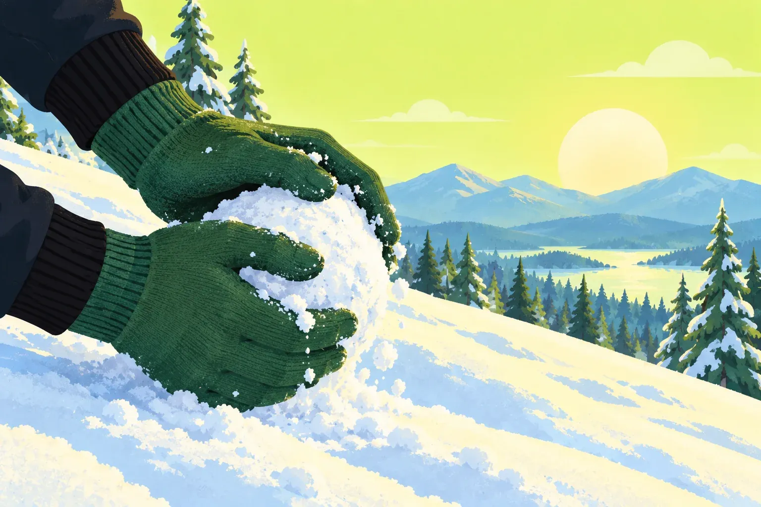 Two hands in pine-green knit gloves and dark sleeves press snow into a round snowball on a sunlit snowy slope, with pine trees, a blue lake and pale mountains below a chartreuse sky.