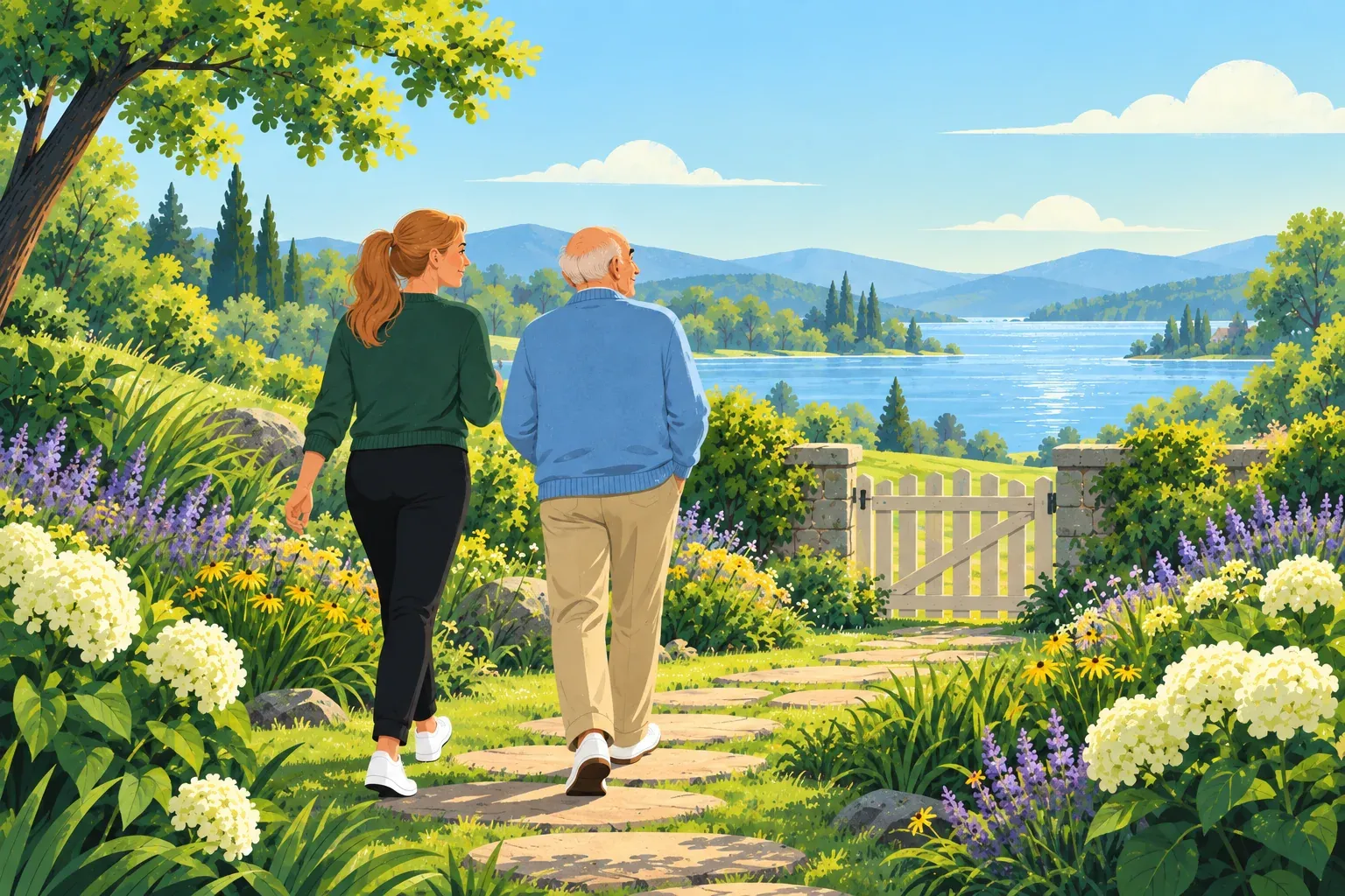 A daughter and her elderly father walking side by side along a stepping-stone garden path toward a wooden gate and a lake
