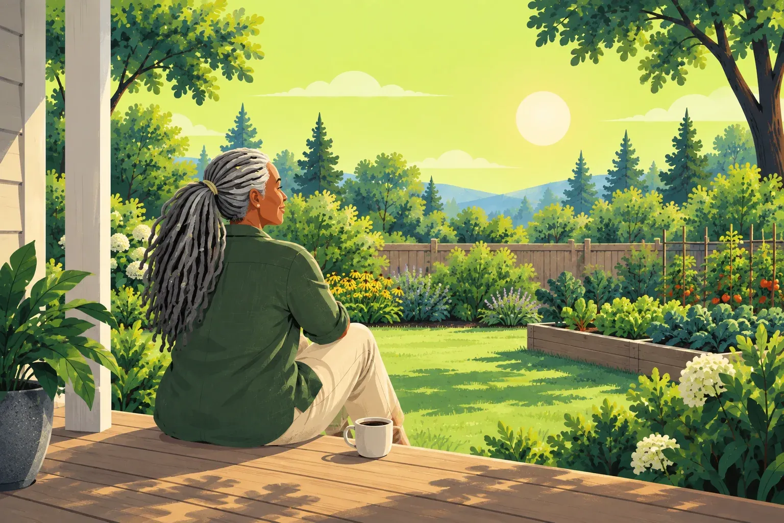 A woman with long gray locs in a pine-green linen shirt, seen from behind, sits on a wooden porch step looking out at a sunny garden with a vegetable bed, a cup of coffee beside her
