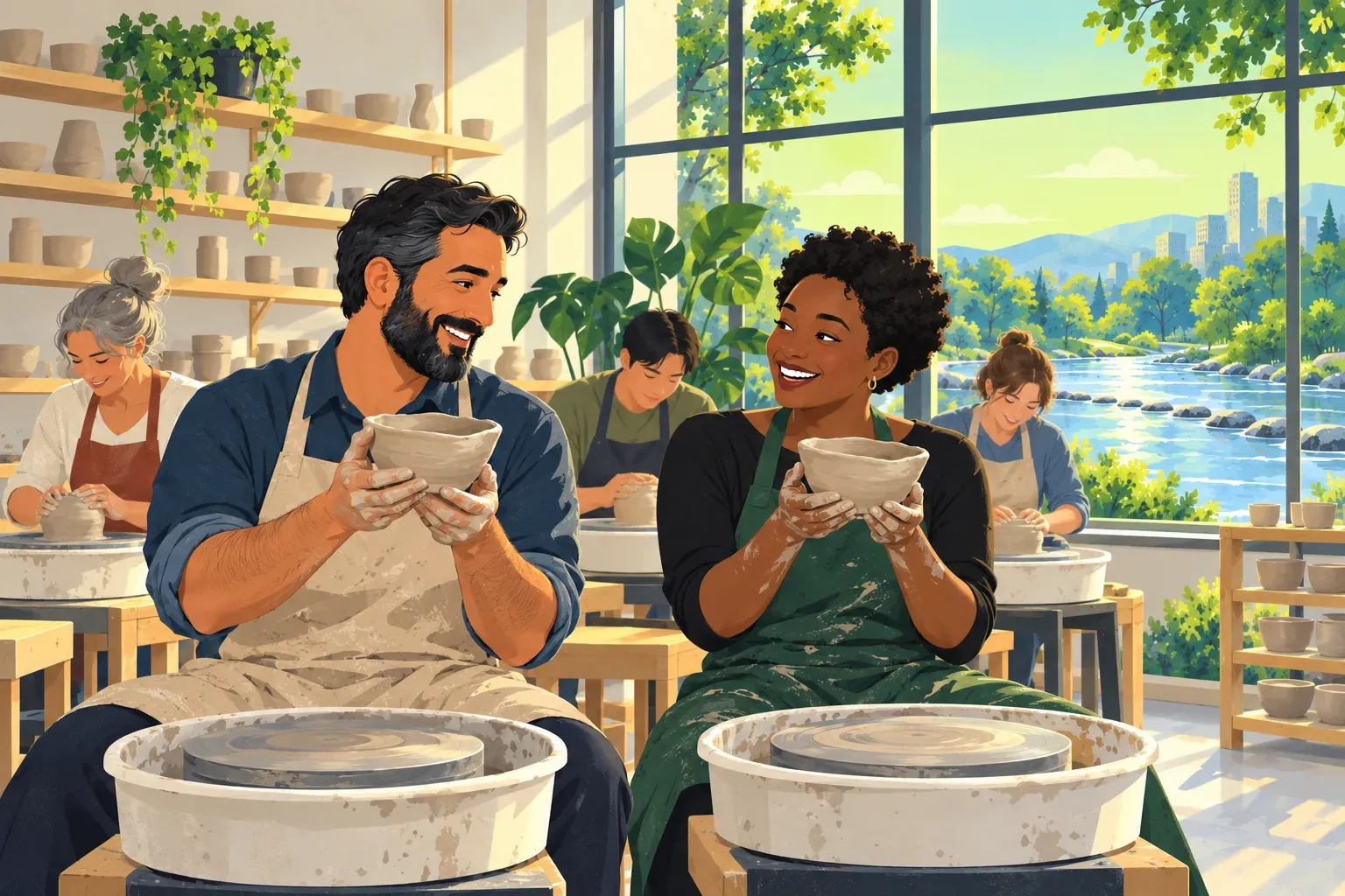 Two adult students at side-by-side pottery wheels laugh as they hold up their lopsided clay bowls, with a window onto a river behind them
