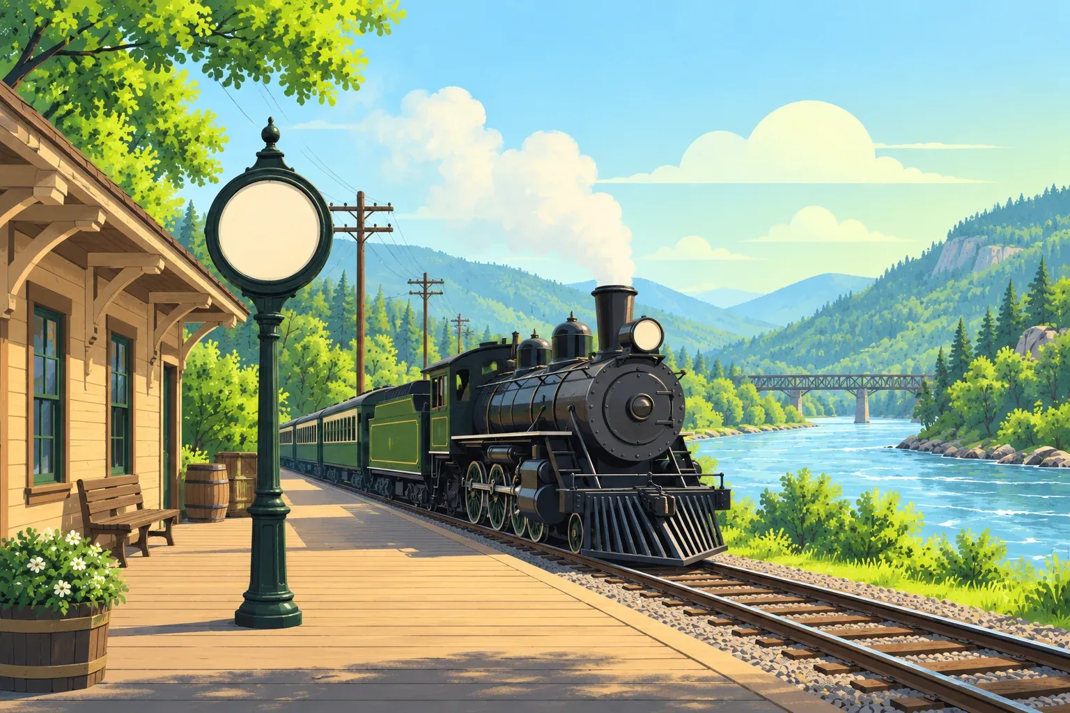A small wooden railroad depot beside a river, with a dark steam locomotive at the platform and a green post clock whose face is blank