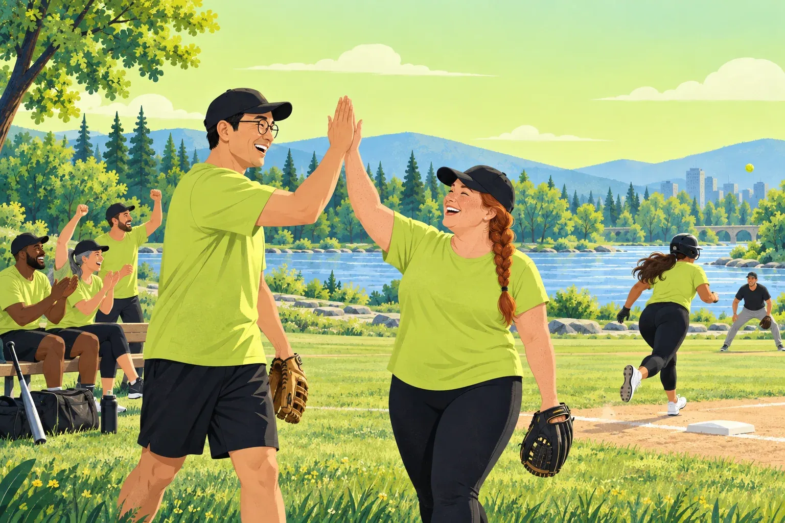 Two softball teammates in matching chartreuse shirts high-five on the sideline while a runner heads to first base and teammates cheer from a bench by a river