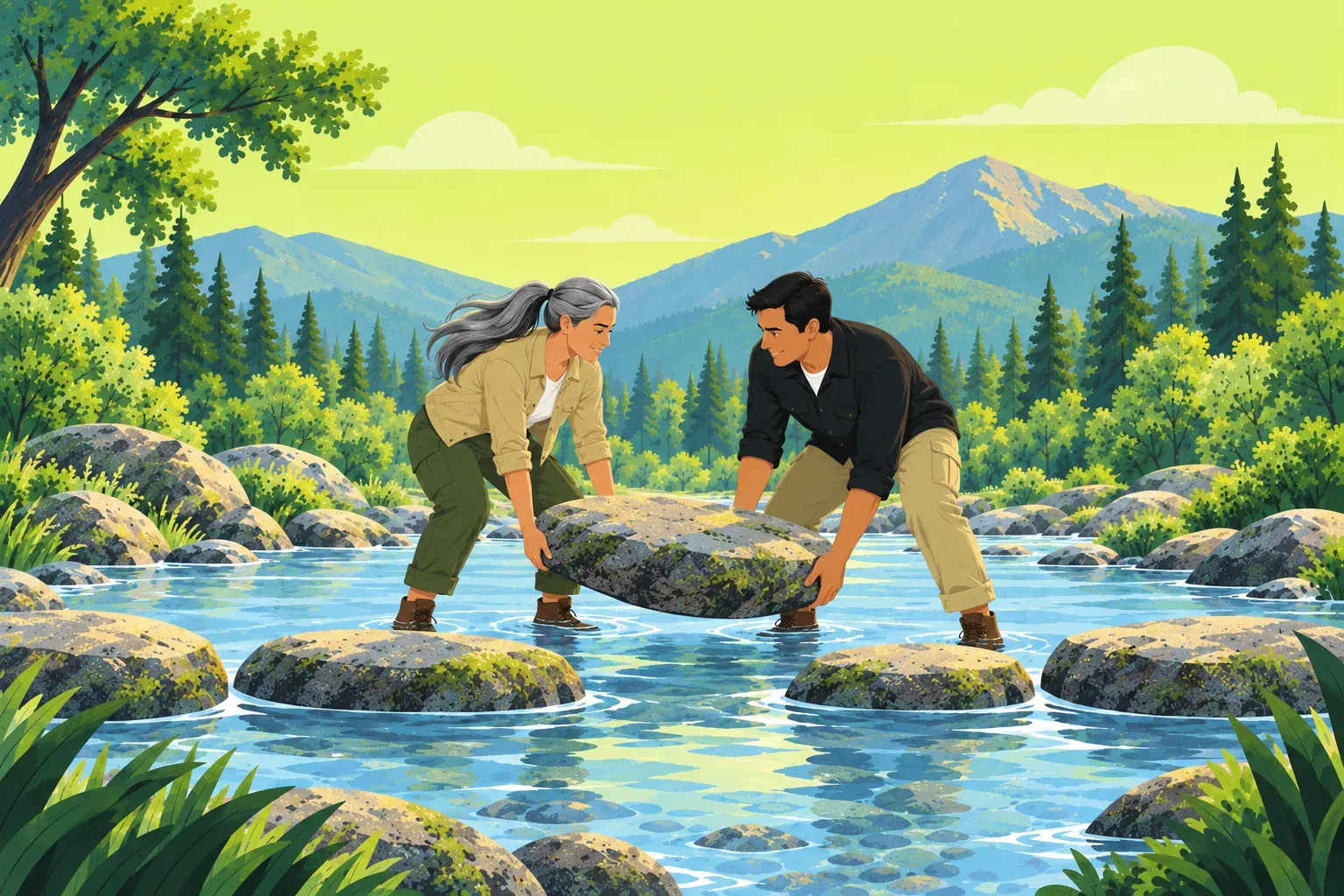 A woman with a long gray ponytail and a man with short black hair stand ankle-deep in a clear stream, lifting a large flat stone together back into a line of stepping stones.