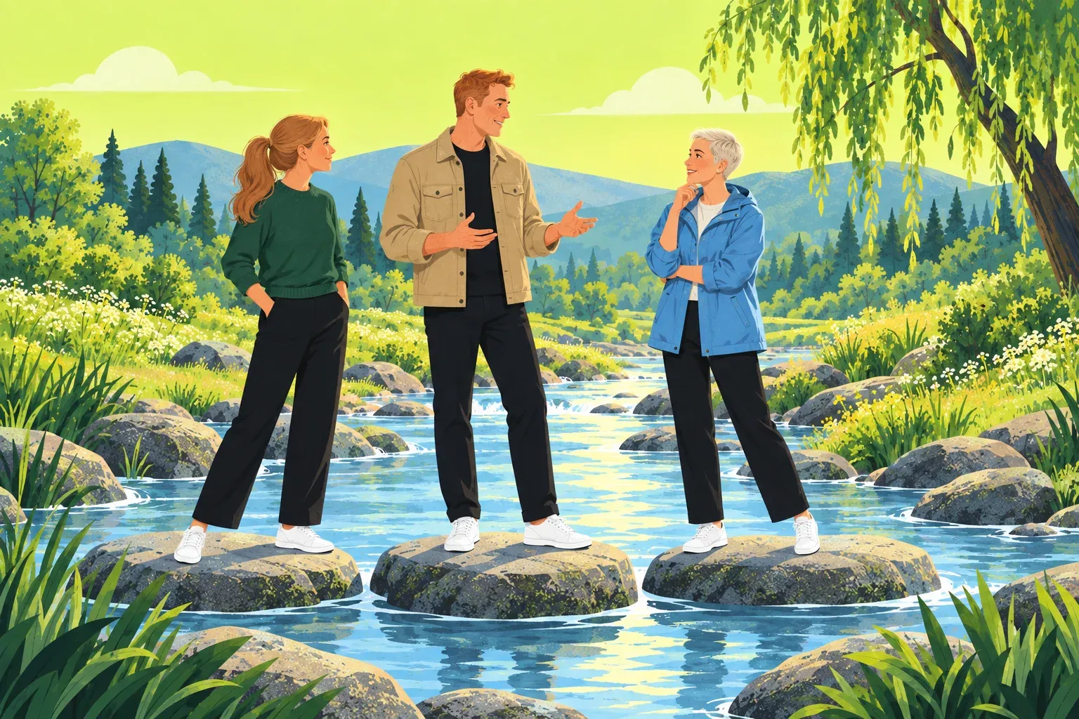 Three adult siblings standing on stepping stones in a sunlit brook, talking, the brother in the middle gesturing with open hands