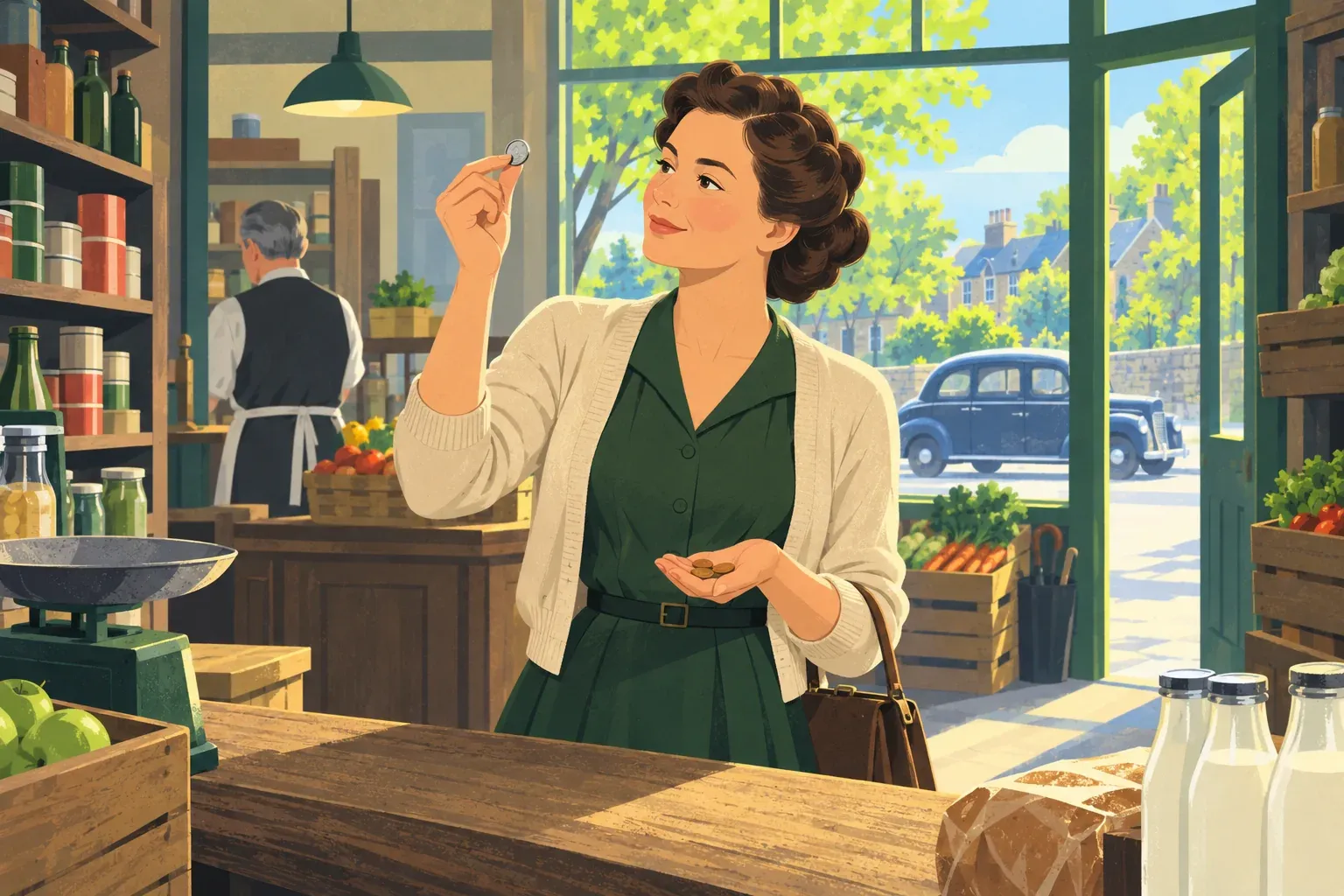 A woman in a 1940s shop holds a small silvery coin up to the window light, with a few copper coins in her other palm