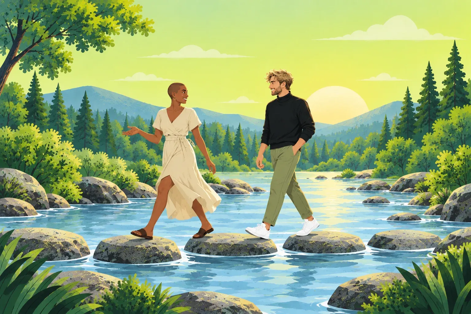 The same woman and man crossing a blue river on flat stepping stones, she turned back toward him with an open hand while he walks behind her smiling, pine forest and a low sun behind them