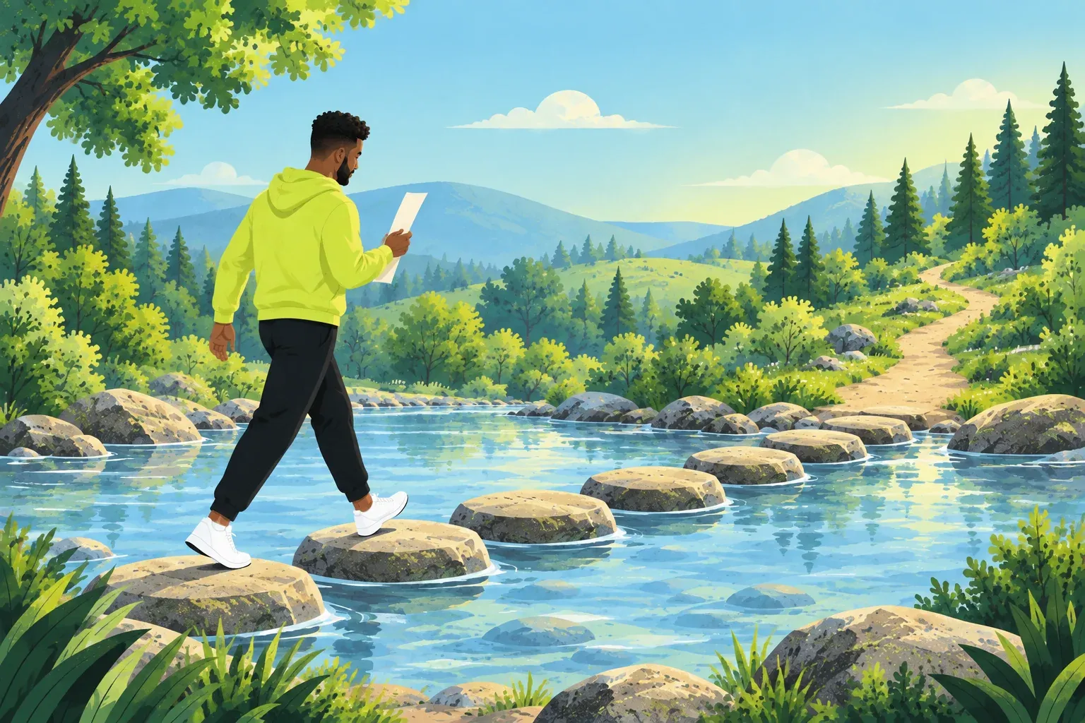 A man in a chartreuse hoodie, black trousers and white sneakers walks across a line of flat stepping stones in a clear blue brook, reading a paper slip in his hand, with a dirt path rising through pine trees on the far bank.