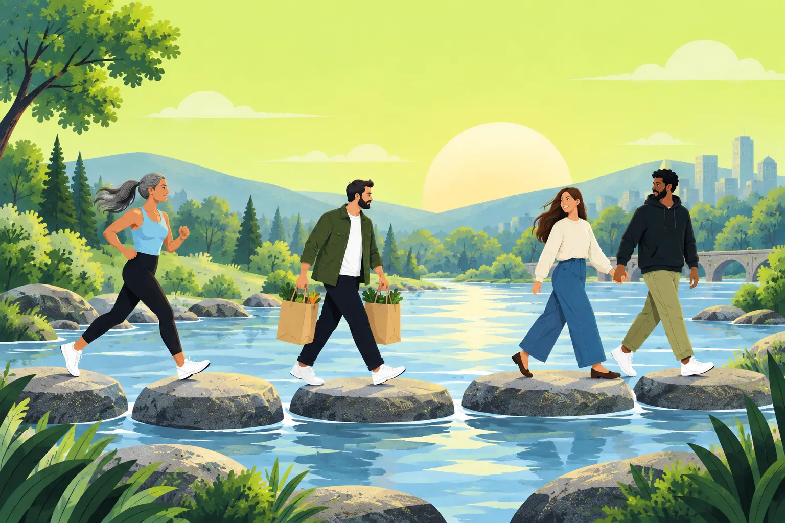 Four people cross a brook on stepping stones at sunrise: a woman jogging, a man carrying groceries and a couple holding hands