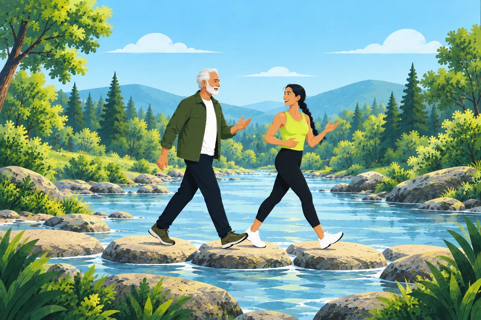 A gray-bearded man in a pine-green jacket and a young woman with a long black braid in a chartreuse tank top walk side by side over flat stepping stones across a shallow brook, talking as they go.