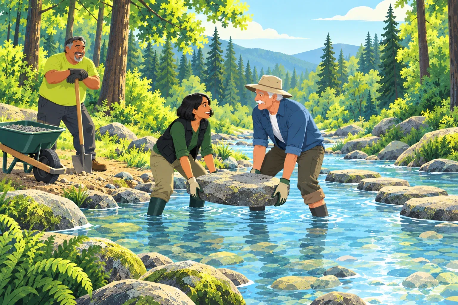 Two volunteers standing in a clear creek lift a flat stone together while a third leans on a shovel beside a wheelbarrow of gravel on the bank