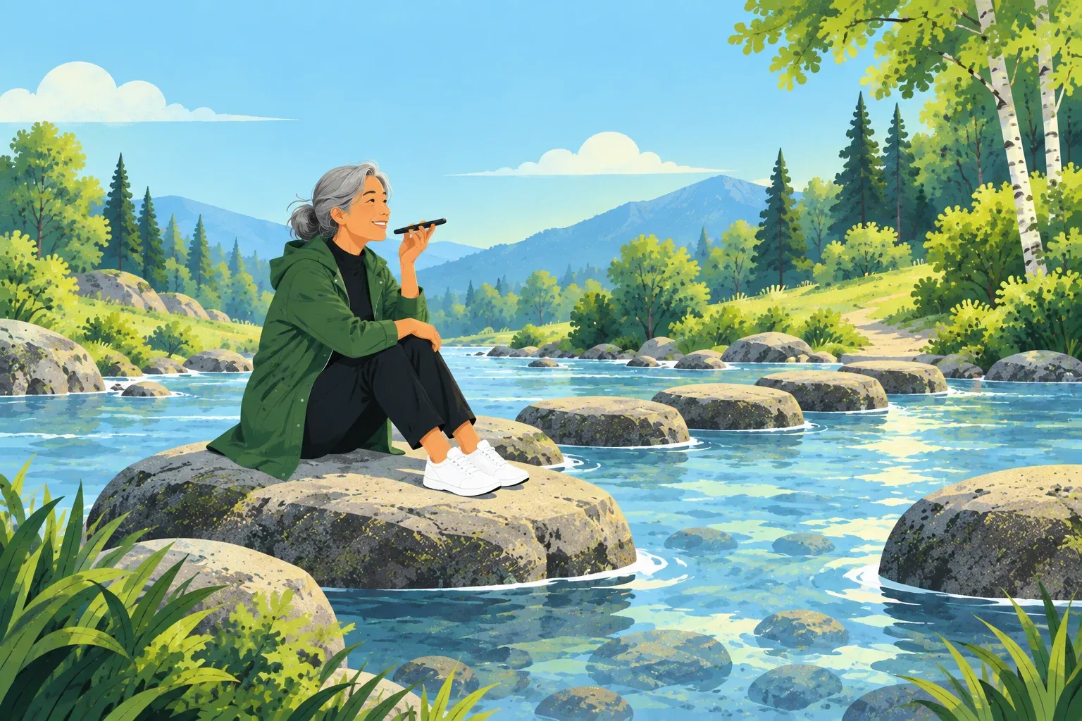 An older woman with gray hair in a low bun, wearing a pine-green raincoat, sits on a large flat stone in a clear stream and speaks into a phone held near her mouth, with stepping stones, birch and pine trees and blue mountains behind her